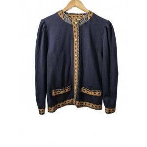 Jeffrey & Dara By Linda Hutley Vintage Ladies Navy Blue Gold Button Front Knit C